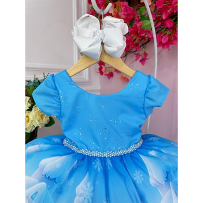 Vestido Infantil Frozen Azul Com Busto Strass Princesas Gelo