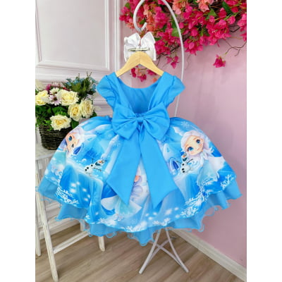 Vestido Infantil Frozen Azul Com Busto Strass Princesas Gelo