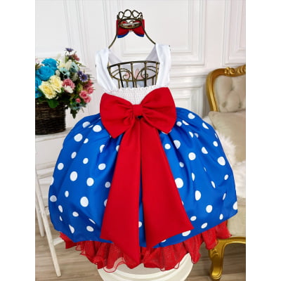 Vestido Infantil Galinha Azul e Vermelho Com Laço