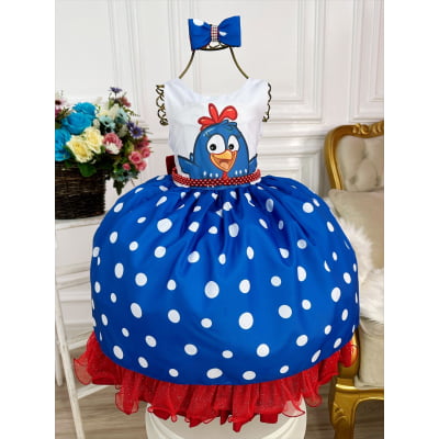 Vestido Infantil Galinha Azul e Vermelho Com Laço