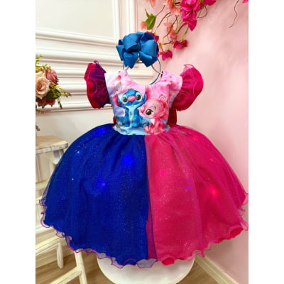 Vestido Infantil Stitch Angel Pink Azul Glitter C/ Led Colorido