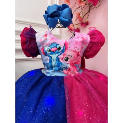 Vestido Infantil Stitch Angel Pink Azul Glitter C/ Led Colorido