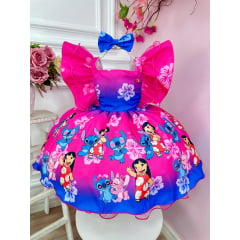 Vestido Infantil Lilo Stitch e Angel Pink  Azul C/ Laço Festas