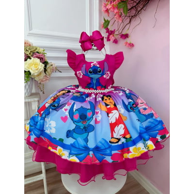 Vestido Infantil Lilo Stitch Angel Pink e Azul Cinto Perolas