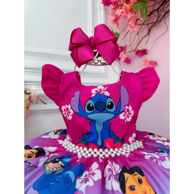 Vestido Infantil Lilo Stitch Angel Pink e Azul Cinto Perolas