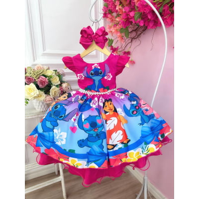 Vestido Infantil Lilo Stitch Angel Pink e Azul Cinto Perolas