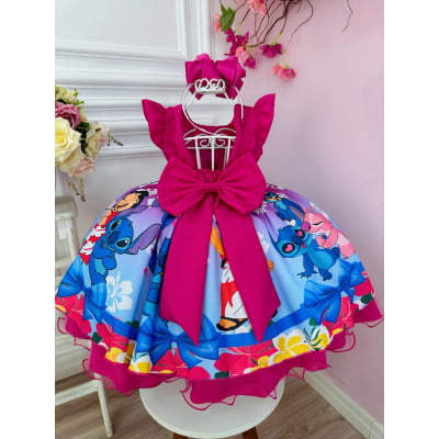 Vestido Infantil Lilo Stitch Angel Pink e Azul Cinto Perolas