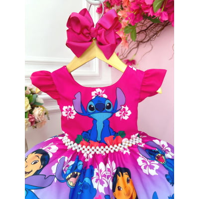 Vestido Infantil Lilo Stitch Angel Pink e Azul Cinto Perolas