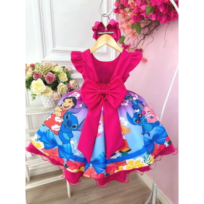 Vestido Infantil Lilo Stitch Angel Pink e Azul Cinto Perolas