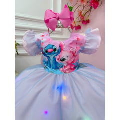 Vestido Infantil Lilo Stitch Angel Rosa Tule Azul Glitter C/ Led