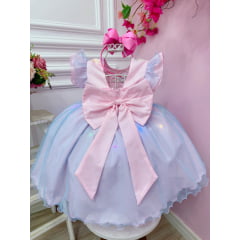 Vestido Infantil Lilo Stitch Angel Rosa Tule Azul Glitter C/ Led