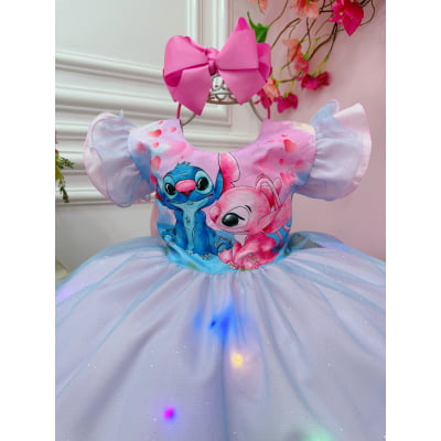 Vestido Infantil Lilo Stitch Angel Rosa Tule Azul Glitter C/ Led