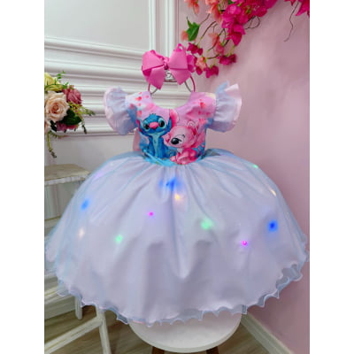 Vestido Infantil Lilo Stitch Angel Rosa Tule Azul Glitter C/ Led
