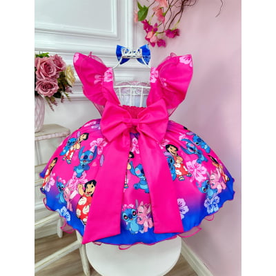 Vestido Infantil Lilo Stitch e Angel Pink Azul C/ Laço Festas