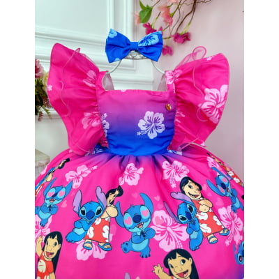 Vestido Infantil Lilo Stitch e Angel Pink Azul C/ Laço Festas