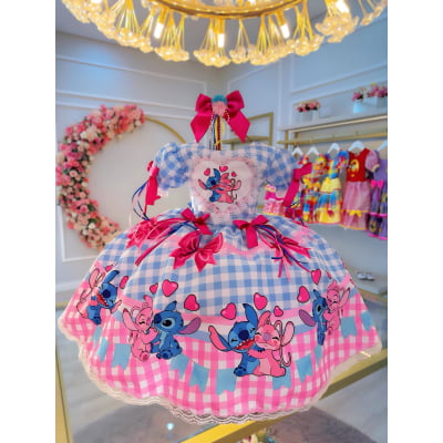 Vestido Infantil Lilo Stitch e Angel Xadrez Azul Festas