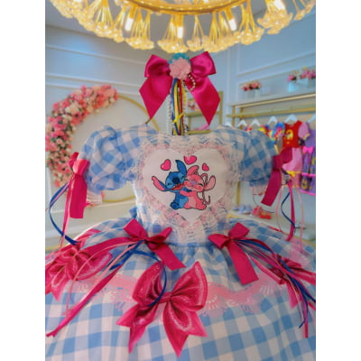 Vestido Infantil Lilo Stitch e Angel Xadrez Azul Festas