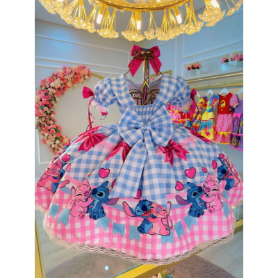 Vestido Infantil Lilo Stitch e Angel Xadrez Azul Festas
