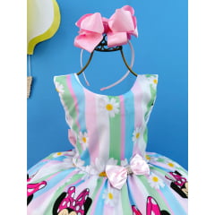 Vestido Infantil Minnie Rosa Colorido Floral Margaridas Luxo