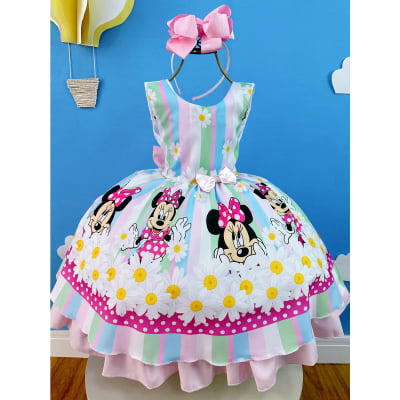 Vestido Infantil Minnie Rosa Colorido Floral Margaridas Luxo