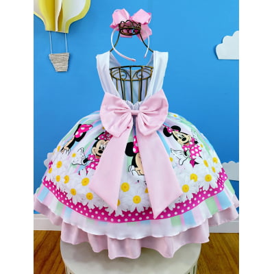 Vestido Infantil Minnie Rosa Colorido Floral Margaridas Luxo