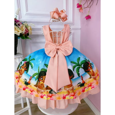 Vestido Infantil Moana Baby Pêssego e Azul Luxo Festa