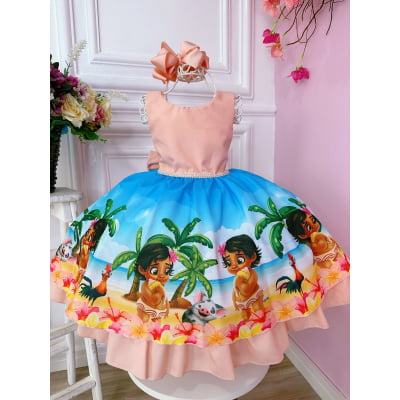 Vestido Infantil Moana Baby Pêssego e Azul Luxo Festa