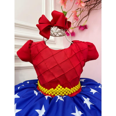 Vestido Infantil Mulher Maravilha Vermelho e Azul Luxo