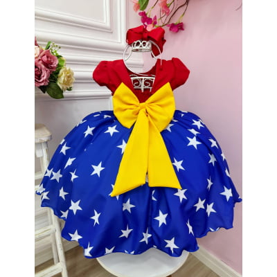 Vestido Infantil Mulher Maravilha Vermelho e Azul Luxo