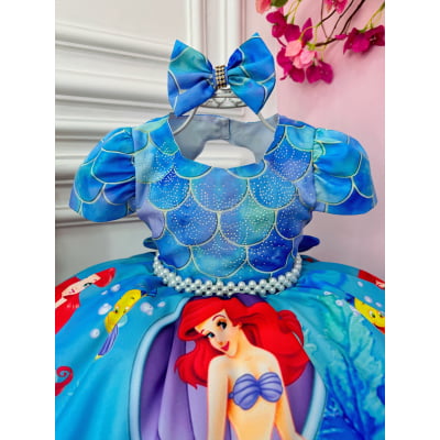 Vestido Infantil Pequena Sereia Ariel C/ Laço de Cabelo