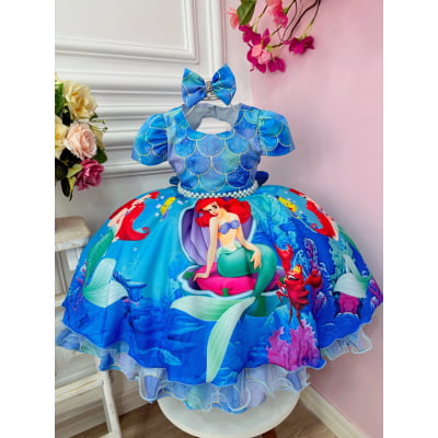Vestido Infantil Pequena Sereia Ariel C/ Laço de Cabelo