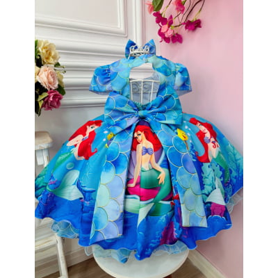 Vestido Infantil Pequena Sereia Ariel C/ Laço de Cabelo