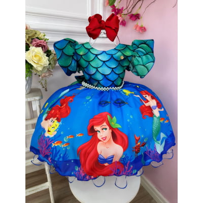 Vestido Infantil Princesa Ariel Sereia C/ Cinto Pérolas