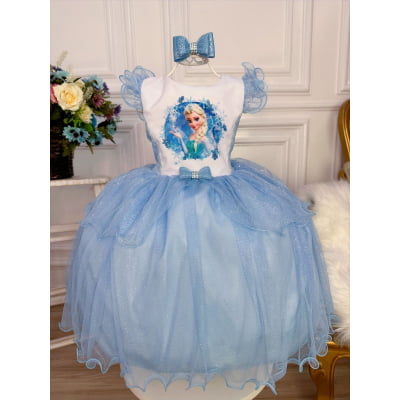Vestido Infantil Princesa Elsa Frozen Azul C/ Laço e Glitter