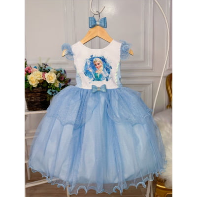 Vestido Infantil Princesa Elsa Frozen Azul C/ Laço e Glitter