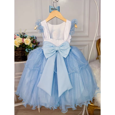 Vestido Infantil Princesa Elsa Frozen Azul C/ Laço e Glitter