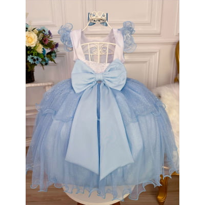 Vestido Infantil Princesa Elsa Frozen Azul C/ Laço e Glitter