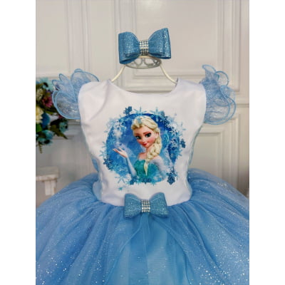 Vestido Infantil Princesa Elsa Frozen Azul C/ Laço e Glitter