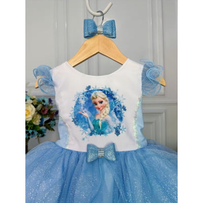 Vestido Infantil Princesa Elsa Frozen Azul C/ Laço e Glitter