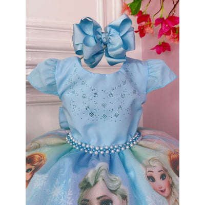 Vestido Infantil Princesa Elsa Frozen Pérolas Gelo Strass