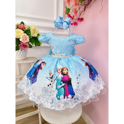 Vestido Infantil Princesa Frozen Elsa Gelo Azul e Branco