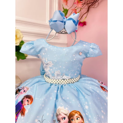Vestido Infantil Princesa Frozen Elsa Gelo Azul e Branco