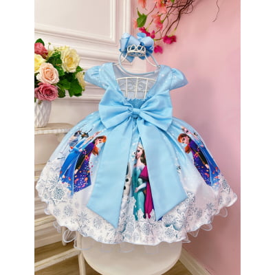 Vestido Infantil Princesa Frozen Elsa Gelo Azul e Branco