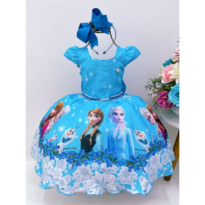 Vestido Infantil Princesa Frozen Elsa Gelo Pérolas Luxo