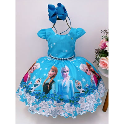 Vestido Infantil Princesa Frozen Gelo C/ Pérolas Luxo