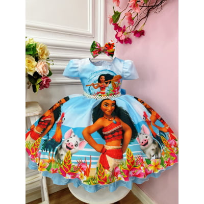 Vestido Infantil Princesa Moana Azul C/ Laço Festas