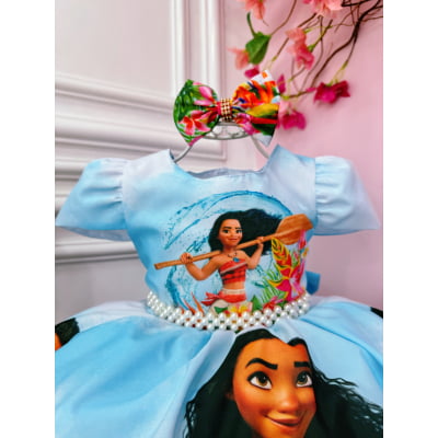 Vestido Infantil Princesa Moana Azul C/ Laço Festas