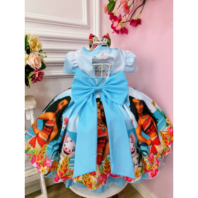 Vestido Infantil Princesa Moana Azul C/ Laço Festas