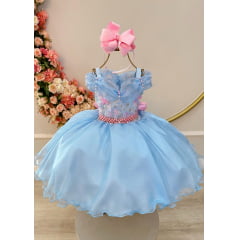 Vestido Infantil Princesas Jardim Encantado Azul Super Luxo