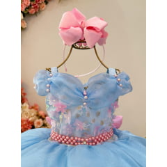 Vestido Infantil Princesas Jardim Encantado Azul Super Luxo